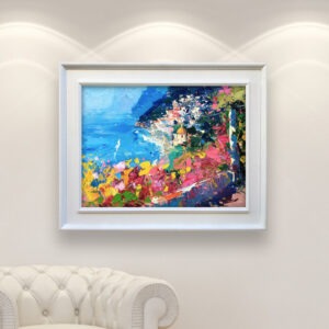 Positano painting, original oil painting on canvas hanging in a modern living room with a white sofa and home decor