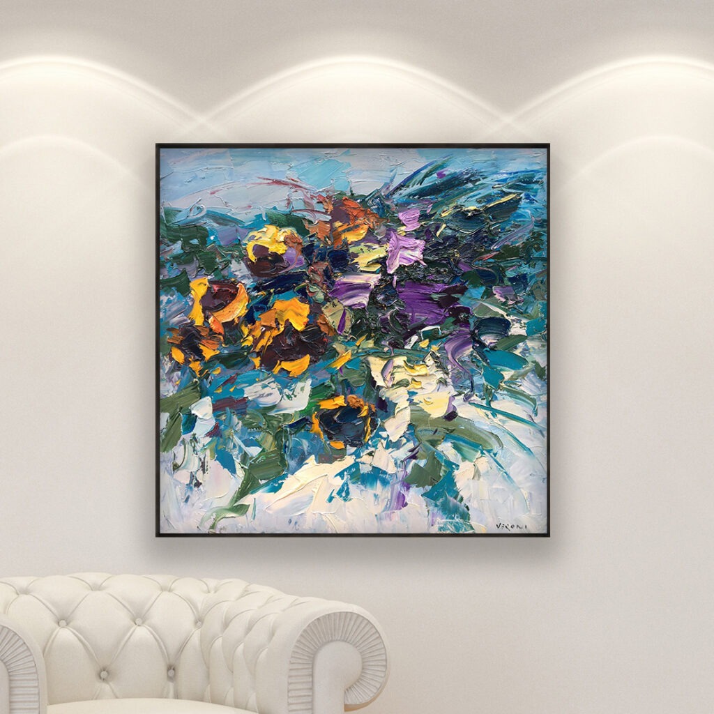 Sunflowers painting, original oil painting on canvas, hanging on a modern wall