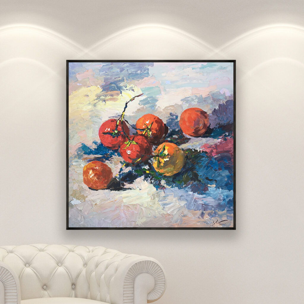 Tomatoes painting, original oil painting on canvas hanging in a modern living room with a white sofa and home decor