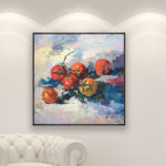 Tomatoes painting, original oil painting on canvas hanging in a modern living room with a white sofa and home decor