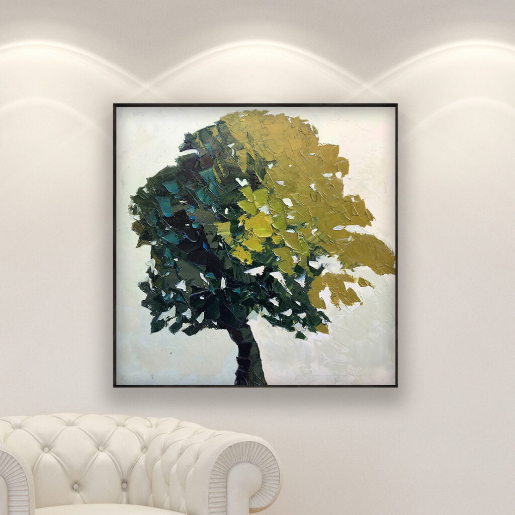 Tree painting, original oil painting on canvas hanging in a modern living room with a white sofa and home decor