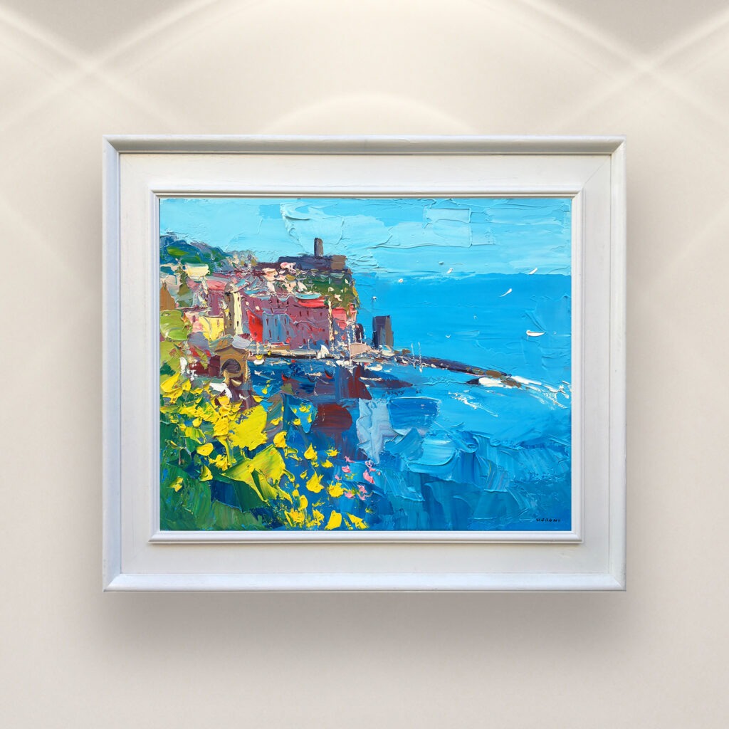 Vernazza Cinque Terre painting, original oil painting on canvas hanging in a modern living room with a white sofa and home decor