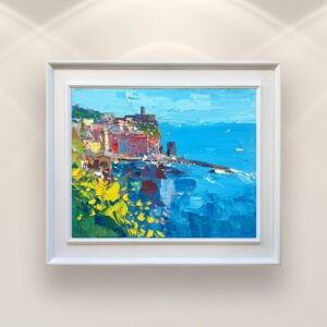 Vernazza Cinque Terre painting, original oil painting on canvas hanging in a modern living room with a white sofa and home decor