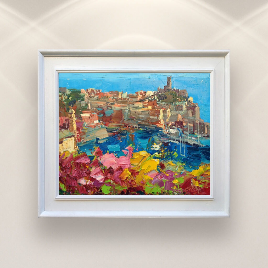 Vernazza Cinque Terre painting, original oil painting on canvas hanging in a modern living room with a white sofa and home decor