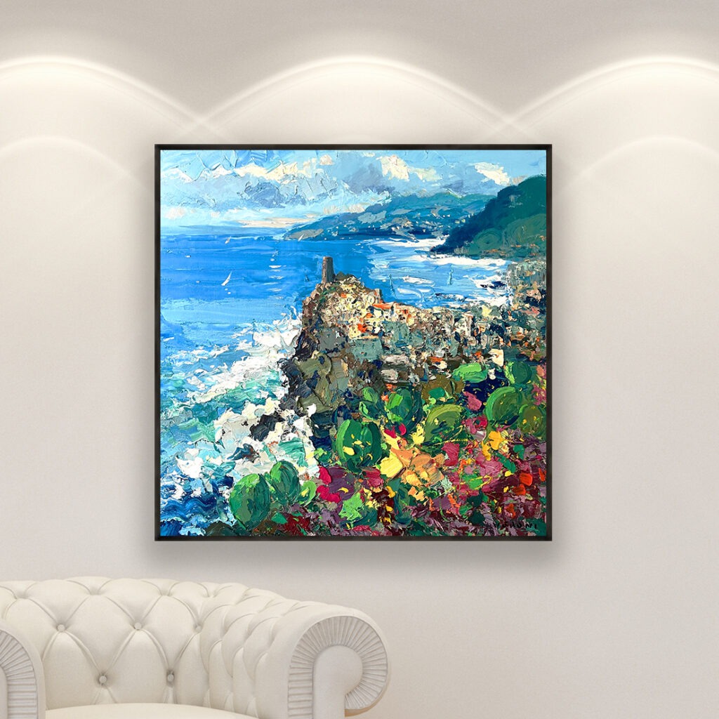 Vernazza painting, original oil painting on canvas hanging in a modern living room with a white sofa and home decor