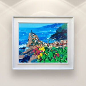 Vernazza Cinque Terre painting, original oil painting on canvas hanging in a modern living room with a white sofa and home decor