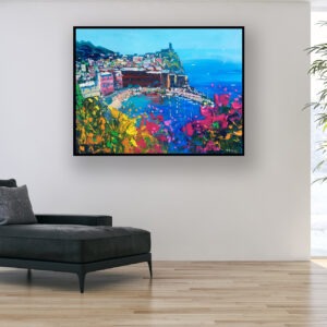 Vernazza Cinque Terre painting, original oil painting on canvas, hanging in a modern living room with a black sofa and home decor