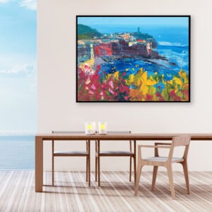 Vernazza painting, original oil painting on canvas hanging in a modern living room with a table and home decor