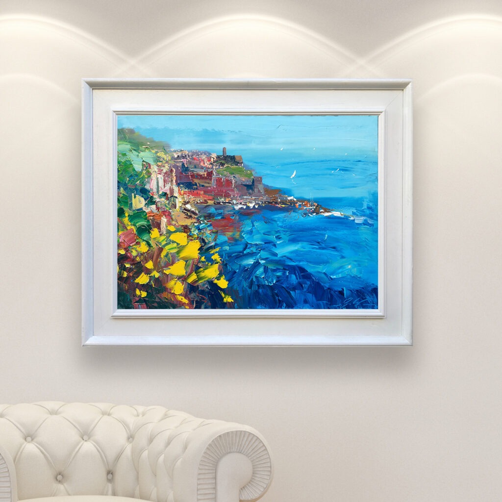 Vernazza Cinque Terre painting, original oil painting on canvas hanging in a modern living room with a white sofa and home decor