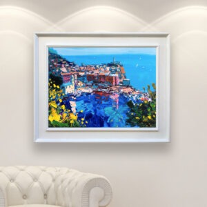 Vernazza Cinque Terre painting, original oil painting on canvas hanging in a modern living room with a white sofa and home decor