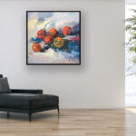 Tomatoes painting, original oil painting on canvas hanging in a modern living room with a black sofa and home decor