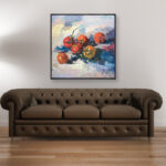 Tomatoes painting, original oil painting on canvas hanging in a modern living room with a brown sofa and home decor