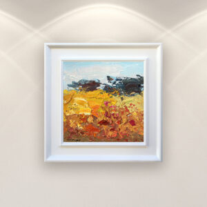 Abstract landscape oil painting on canvas, original modern textured wall art, framed, perfect for living room wall decor and as unique gift for her, displayed on the wall above a sofa in a stylish living room