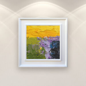 Abstract landscape oil painting on canvas, original modern textured wall art, framed, perfect for living room wall decor and as unique gift for her, displayed on the wall above a sofa in a stylish living room