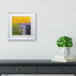 Abstract landscape oil painting on canvas, original modern textured wall art, framed, perfect for living room wall decor and as unique gift for her, displayed on the wall above a chest of drawers in a stylish living room