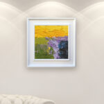 Abstract landscape oil painting on canvas, original modern textured wall art, framed, perfect for living room wall decor and as unique gift for her, displayed on the wall above a sofa in a stylish living room