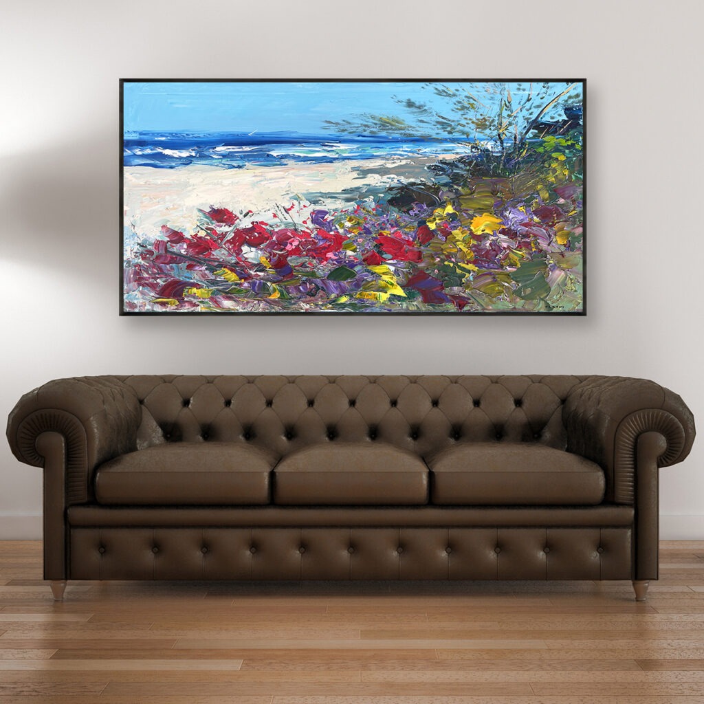 Beach oil painting on canvas, original modern textured floral ocean wall art, large framed wall art, perfect for living room wall decor and as unique gift ideas, displayed on the wall in a stylish room