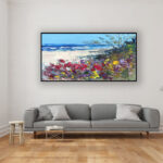 Beach oil painting on canvas, original modern textured floral ocean wall art, large framed wall art, perfect for living room wall decor and as unique gift ideas, displayed on the wall in a stylish room