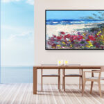 Beach oil painting on canvas, original modern textured floral ocean wall art, large framed wall art, perfect for living room wall decor and as unique gift ideas, displayed on the wall in a stylish room