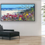 Beach oil painting on canvas, original modern textured floral ocean wall art, large framed wall art, perfect for living room wall decor and as unique gift ideas, displayed on the wall in a stylish room