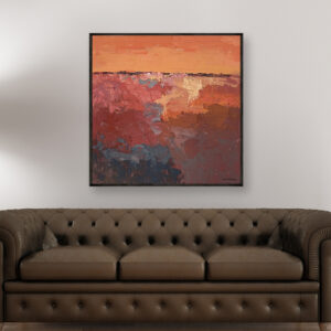 Abstract oil painting on canvas with rich impasto texture hanging in a modern living room with a brown sofa